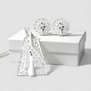 Vintage Crown Trifari White Enamel Modernist Necklace and Earrings Set